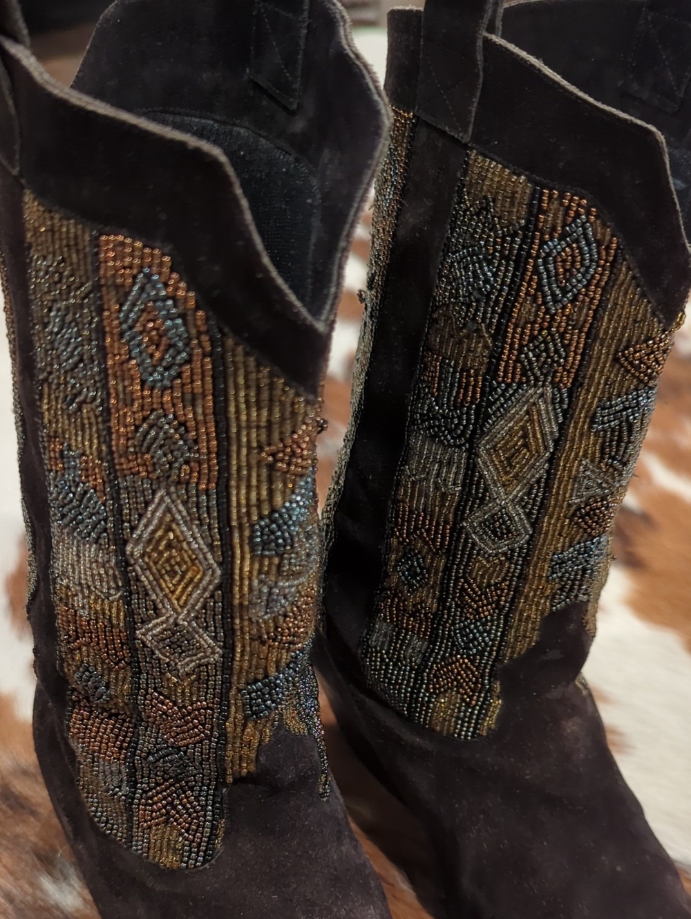 Vintage Caparros dark brown suede Western boots-intricate multi-colored Beading - Picture 2 of 9